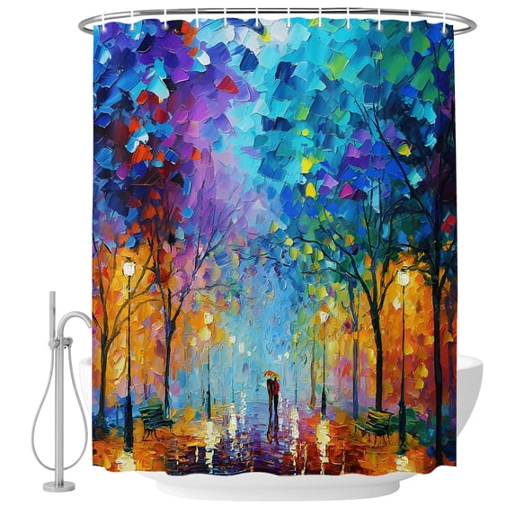 Extra Long Shower Curtain 72x84 Inch, Orange Blue Purple Forest Shower Curtain Waterproof Bathroom Decor, Oil Painting Trees Couple Fabric Bath Curtain Set Accessories with Hooks