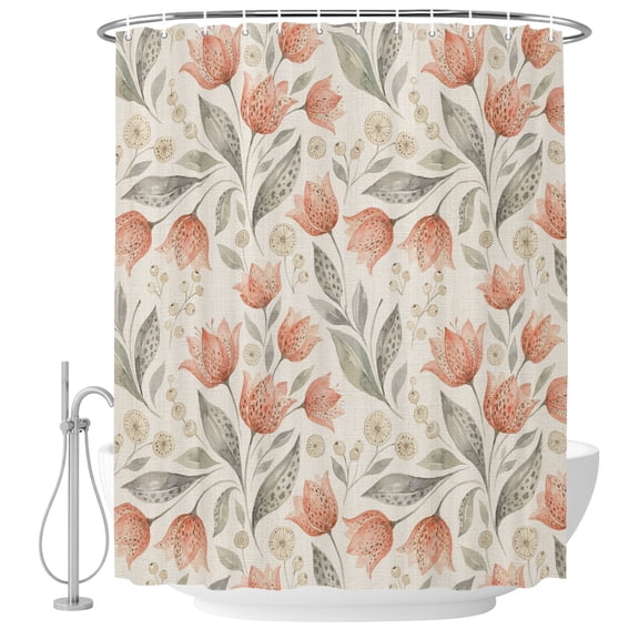 Extra Long Shower Curtain 72x84 Inch, Peach Floral Shower Curtain Waterproof Bathroom Decor, Farmhouse Botanical Garden Flowers Fabric Bath Curtain Set Accessories with Hooks