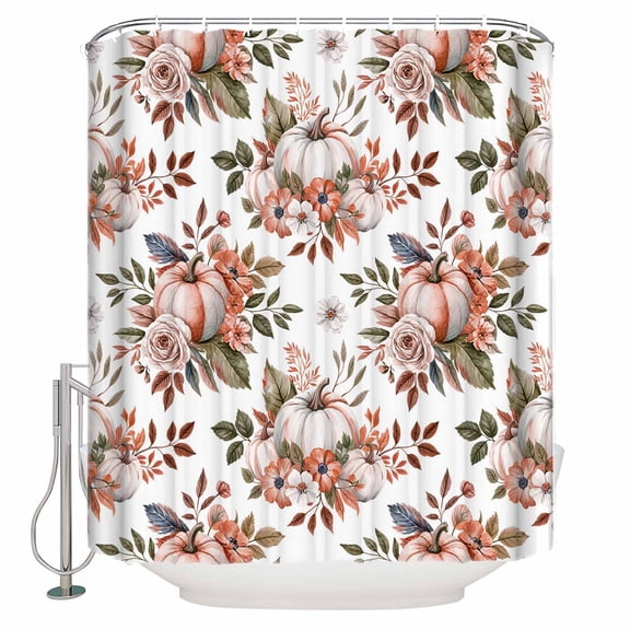 Extra Long Shower Curtain 72x84 Inch, Pink Pumpkin Roses Shower Curtain Waterproof Bathroom Decor Fall Rustic Botanical Floral Fabric Bath Curtain Set Accessories with Hooks