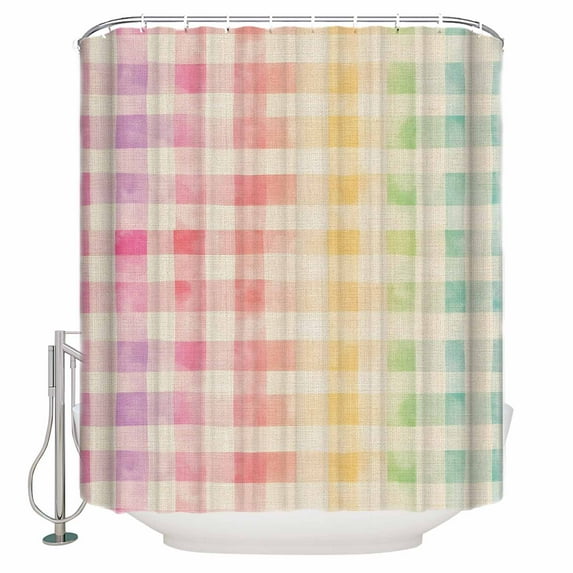 Extra Long Shower Curtain 72x84 Inch, Purple Pink Plaid Shower Curtain Waterproof Bathroom Decor Yellow Green Red Turquoise Colorful Fabric Bath Curtain Set Accessories with Hooks