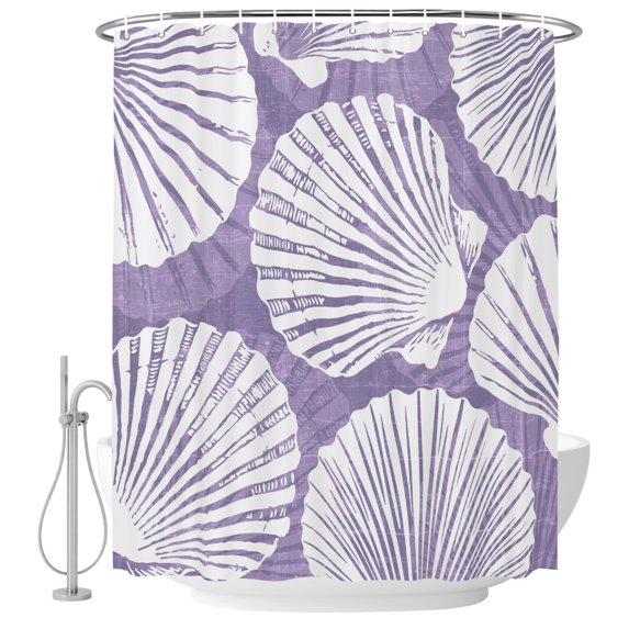 Extra Long Shower Curtain 72x84 Inch, Purple Scallop Coastal Shower Curtain Waterproof Bathroom Decor, Summer Beach Nautical Fabric Bath Curtain Set Accessories with Hooks