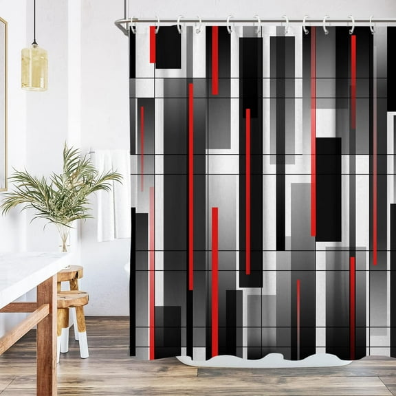 Extra Long Shower Curtain 72x84 Inch Red and Black Geometric Grey and White for Bathroom Neutral Abstract Geometry Pattern Gradient Waterproof Fabric Bathroom Accessories with 12 Pack Hooks