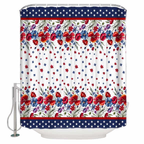 Extra Long Shower Curtain 72x84 Inch, Red Blue Spring Floral Shower Curtain Waterproof Bathroom Decor Independence Day Navy Blue Stars Fabric Bath Curtain Set Accessories with Hooks