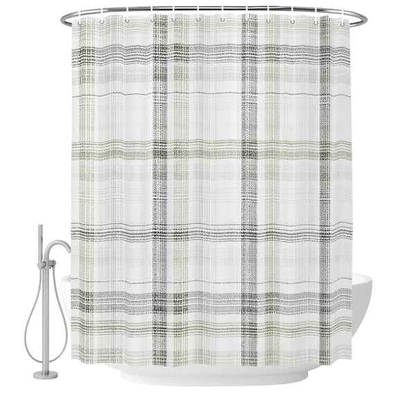 Extra Long Shower Curtain 72x84 Inch, Sage Green Check Shower Curtain Waterproof Bathroom Decor, Farmhouse Line Buffalo Plaid Fabric Bath Curtain Set Accessories with Hooks