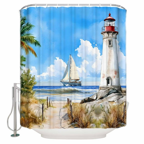 Extra Long Shower Curtain 72x84 Inch, Summer Beach Shower Curtain Waterproof Bathroom Decor Retro Lighthouse Sailing Nautical Fabric Bath Curtain Set Accessories with Hooks