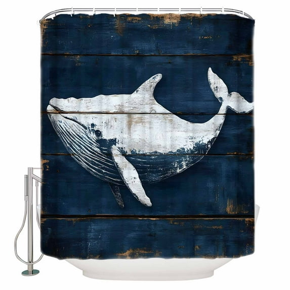 Extra Long Shower Curtain 72x84 Inch, Summer Blue Whale Shower Curtain Waterproof Bathroom Decor Coastal Ocean Vintage Wooden Grain Fabric Bath Curtain Set Accessories with Hooks
