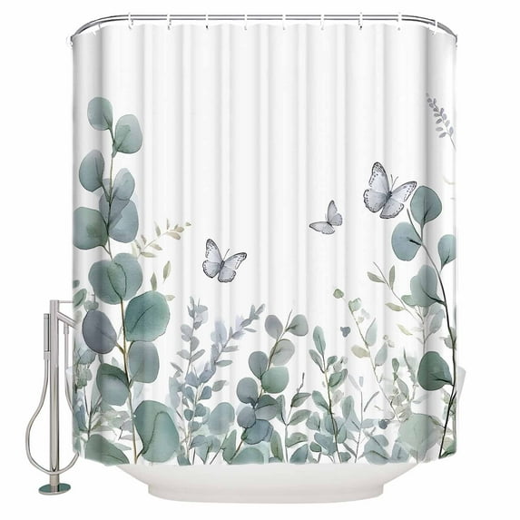 Extra Long Shower Curtain 72x84 Inch, Teal Eucalyptus Leaves Shower Curtain Waterproof Bathroom Decor Butterflies Summer Botanical Fabric Bath Curtain Set Accessories with Hooks