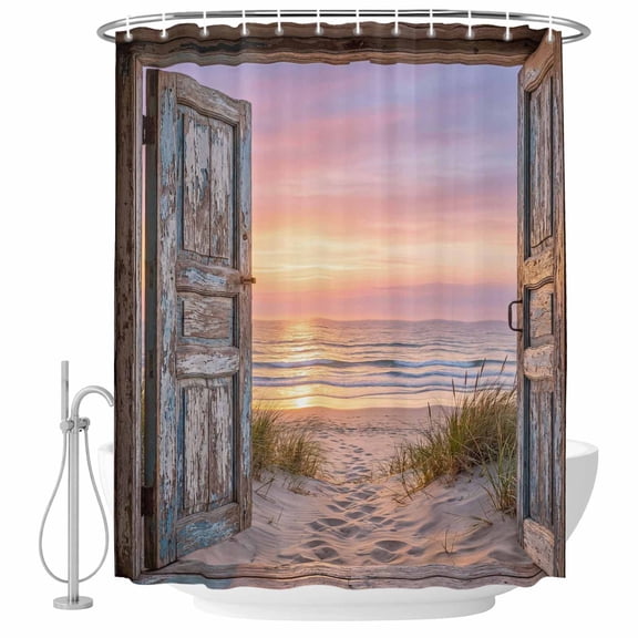 Extra Long Shower Curtain 72x84 Inch, Vintage Door Coastal Shower Curtain Waterproof Bathroom Decor, Sunset Seaside Summer Beach Fabric Bath Curtain Set Accessories with Hooks
