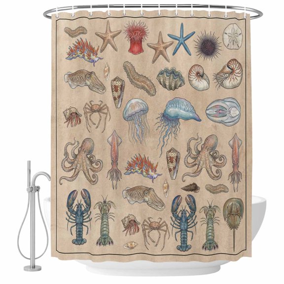 Extra Long Shower Curtain 72x84 Inch, Vintage Ocean Shower Curtain Waterproof Bathroom Decor, Brown Coastal Starfish Jellyfish Aquatic Animals Fabric Bath Curtain Set Accessories with Hooks