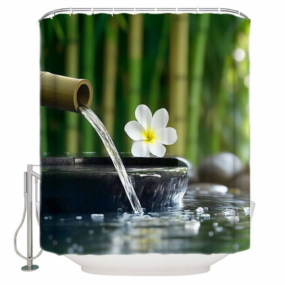 Extra Long Shower Curtain 72x84 Inch, Zen Stones Water Flowing Shower Curtain Waterproof Bathroom Decor Floral Green Forest Fabric Bath Curtain Set Accessories with Hooks