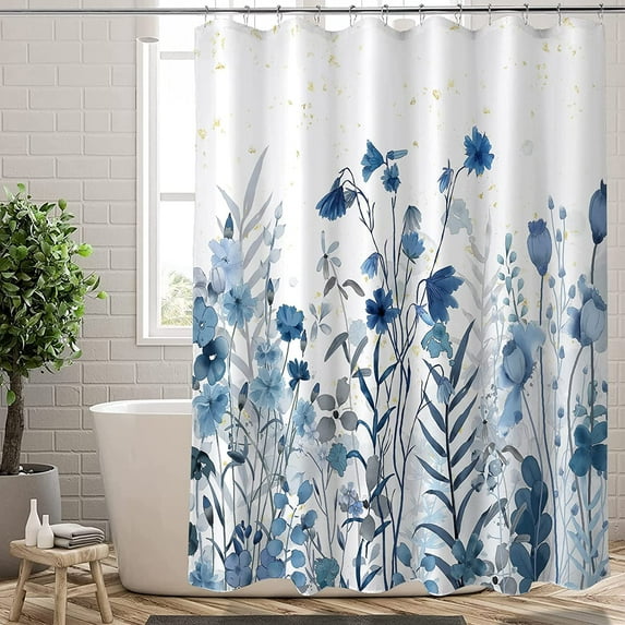 Extra Long Shower Curtain 72x84 inch Length, Aesthetic Navy White Lush Poppy Flowers Shower Curtain Sets with Hooks for Bathroom,Water Resistant Polyester Fabric