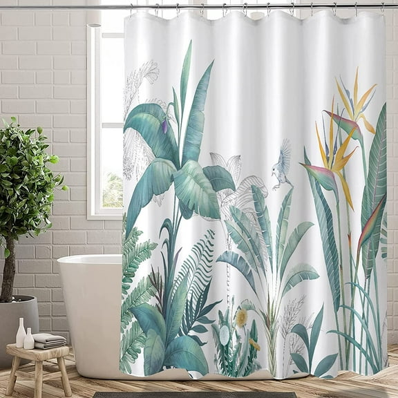 Extra Long Shower Curtain 72x84 inch Length, Aesthetic Tropical Leaves Shower Curtain Sets with Hooks for Bathroom,Water Resistant Polyester Fabric