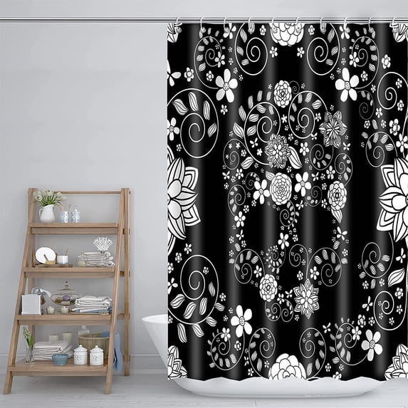Extra Long Shower Curtain 72x84 inch Length, Black and White Fabric Shower Curtain Set for Bathroom, Water Resistant Polyester Fabric Machine Washable
