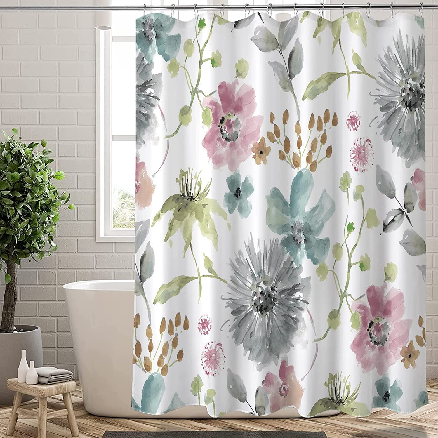 Extra Long Shower Curtain 72x84 inch Length Grey and Blush Floral