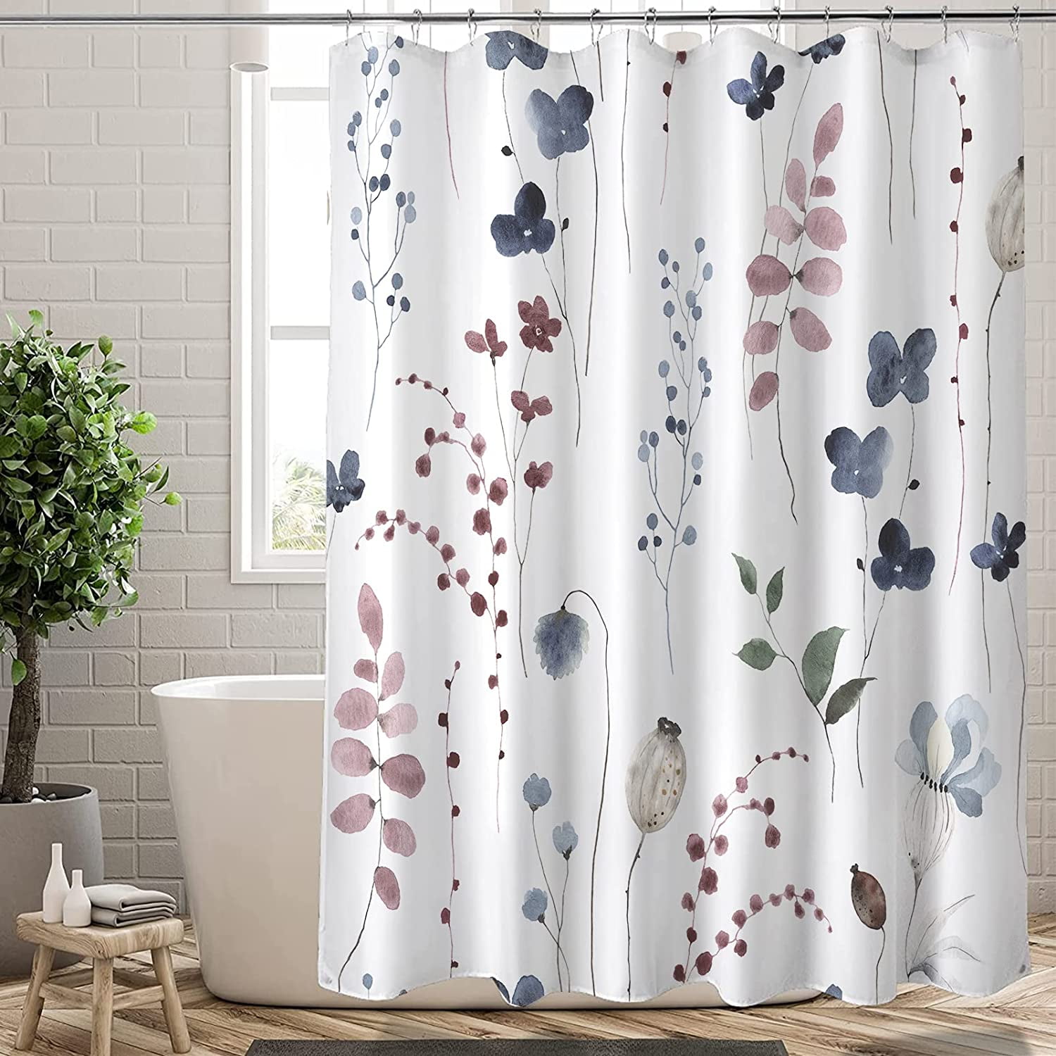 Extra Long Shower Curtain 72x84 inch Length Ink Blue Floral Shower Curtain,Blue and Red Shower Curtains Sets for Bathroom,Modern Minimalist Art Bath Curtain,Waterproof Fabric with Hooks