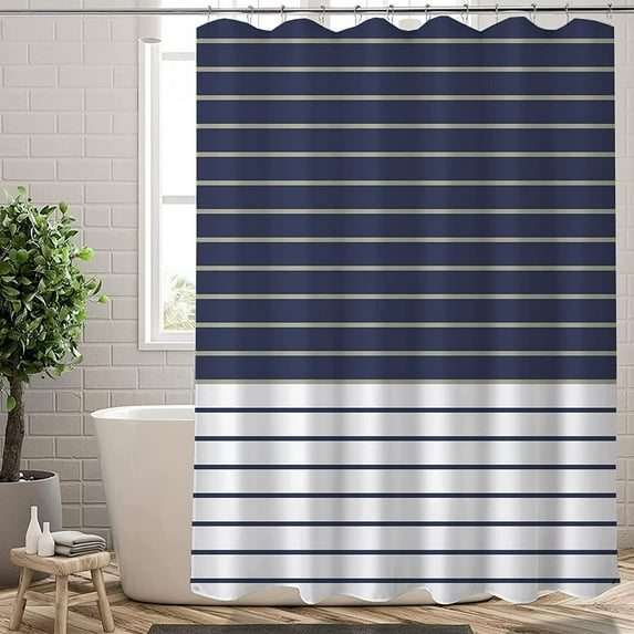 Extra Long Shower Curtain 72x84 inch Length,Navy Blue and White Stripe Shower Curtains Set with Hooks for Bathroom,Weighted Hem,Waterproof Bath Accessories Hotel Style,Machine Washable