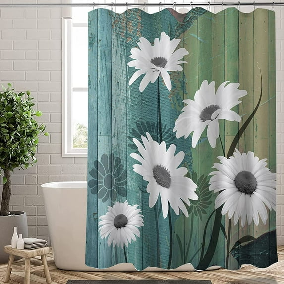Extra Long Shower Curtain 72x84 inch Length Rustic Farmhouse Shower Curtain,Floral Shower Curtains Sets for Bathroom,Retro Country Wooden Board Waterproof Fabric Bath Curtain with Hooks