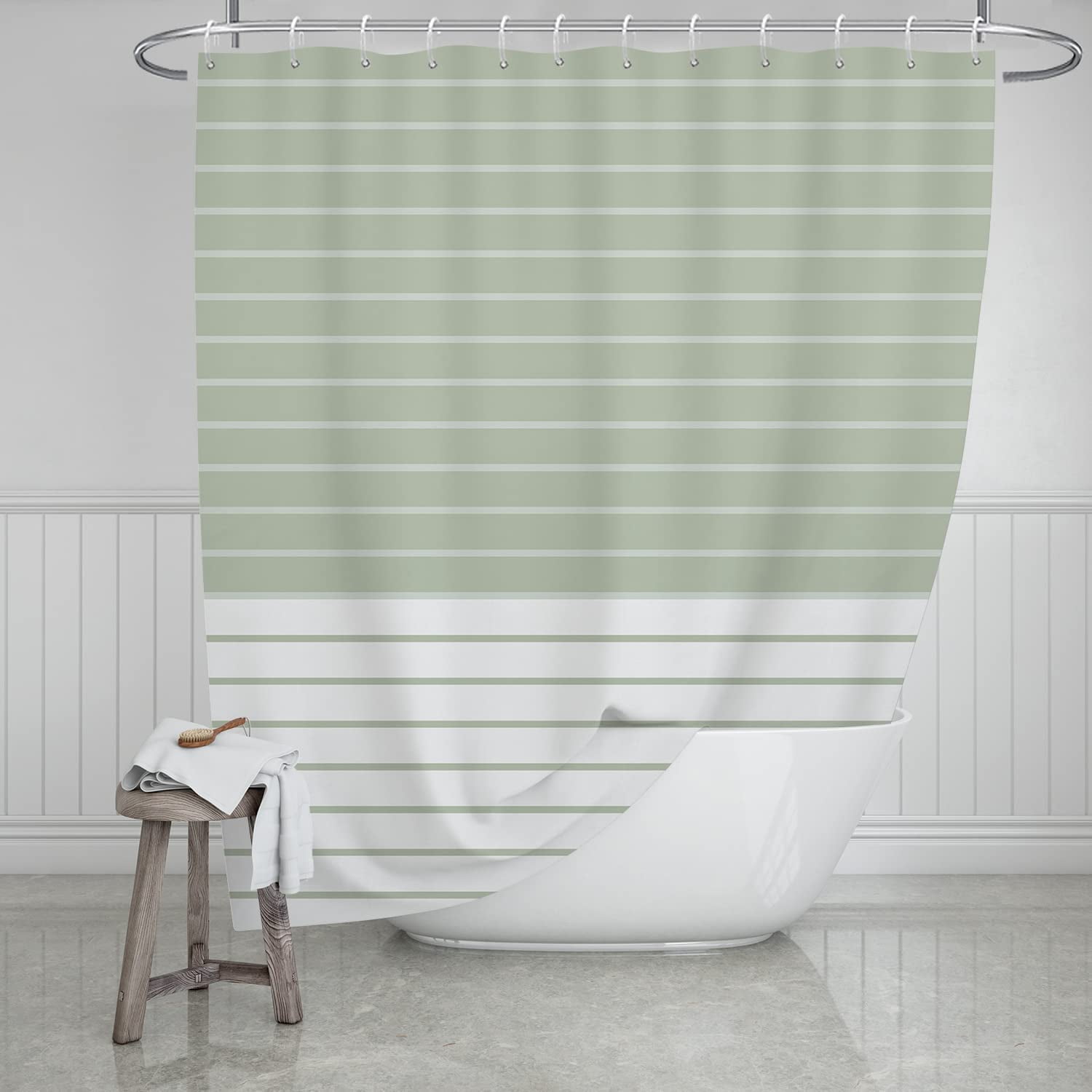 Extra Long Shower Curtain 72x84 inch Length，Sage Green and White Stripe