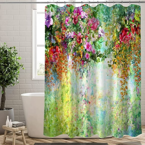 Extra Long Shower Curtain 72x84 inch Length Spring Floral Shower Curtain Sets,Tropical Plants Flowers Bathroom Curtains,Waterproof Fabric with Hooks