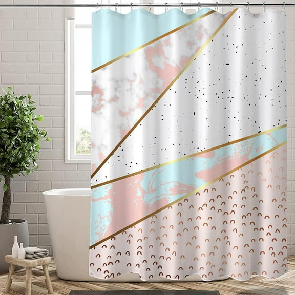 Extra Long Shower Curtain 72x84inch Length,Pink and White Marble Bathroom Shower Curtains Set with Hooks,Luxury Abstract Geometry Waterproof Fabric Bath Curtain