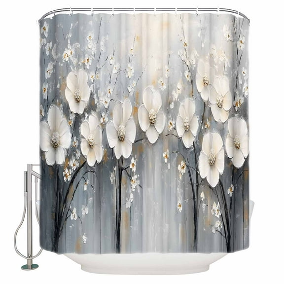 Extra Long Shower Curtain 72x96 Inch, Abstract Flower Shower Curtain Waterproof Bathroom Decor White Spring Modern Oil Painting Wooden Fabric Bath Curtain Set Accessories with Hooks