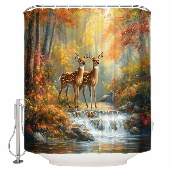 Extra Long Shower Curtain 72x96 Inch, Autumn Forest Deer Shower Curtain Waterproof Bathroom Decor Elk River Vintage Fabric Bath Curtain Set Accessories with Hooks