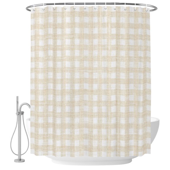 Extra Long Shower Curtain 72x96 Inch, Beige Buffalo Check Shower Curtain Waterproof Bathroom Decor, Farmhouse Boho Plaid Vintage Rustic Fabric Bath Curtain Set Accessories with Hooks