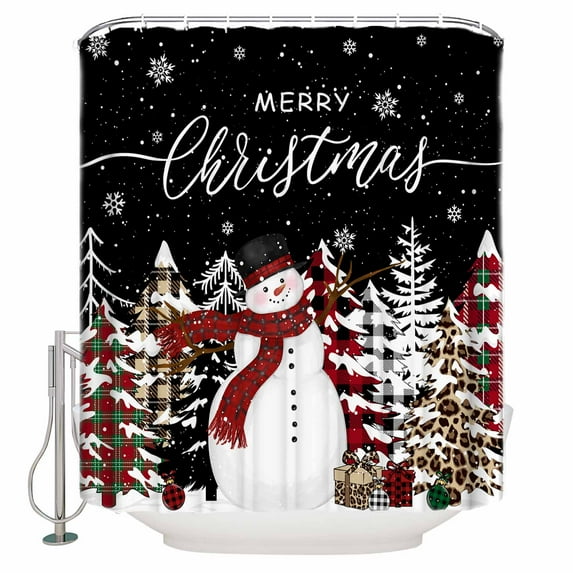 Extra Long Shower Curtain 72x96 Inch, Black Christmas Shower Curtain Waterproof Bathroom Decor Snowman Snowflake Xmas Tree Fabric Bath Curtain Set Accessories with Hooks