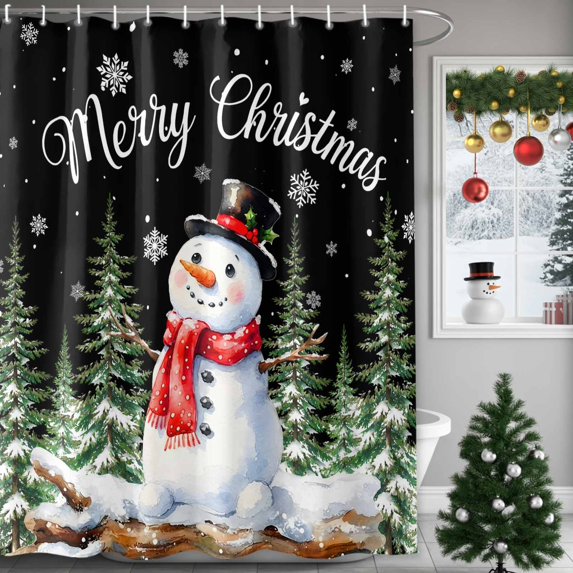 Extra Long Shower Curtain 72x96 Inch, Black Christmas Snowman Shower Curtain Waterproof Bathroom Decor, Xmas Tree Snowflake Merry Christmas Fabric Bath Curtain Set Accessories with Hooks