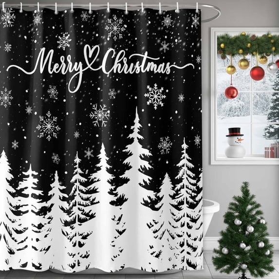 Extra Long Shower Curtain 72x96 Inch, Black Christmas Trees Shower Curtain Waterproof Bathroom Decor, Winter Xmas Snowflakes Pine Forest Fabric Bath Curtain Set Accessories with Hooks