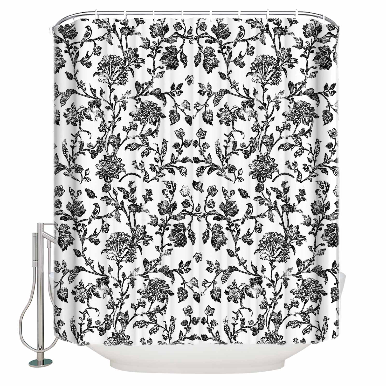 Extra Long Shower Curtain 72x96 Inch, Black Flower Shower Curtain Waterproof Bathroom Decor Vintage Farmhouse Boho Leaf Spring Plant Fabric Bath Curtain Set Accessories with Hooks