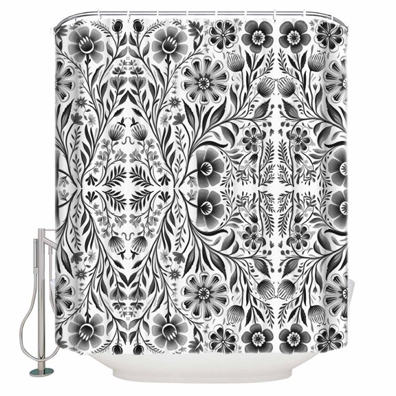 Extra Long Shower Curtain 72x96 Inch, Black Grey Boho Shower Curtain Waterproof Bathroom Decor Ethnic Tribal Floral Abstract Art Aesthetics Fabric Bath Curtain Set Accessories with Hooks