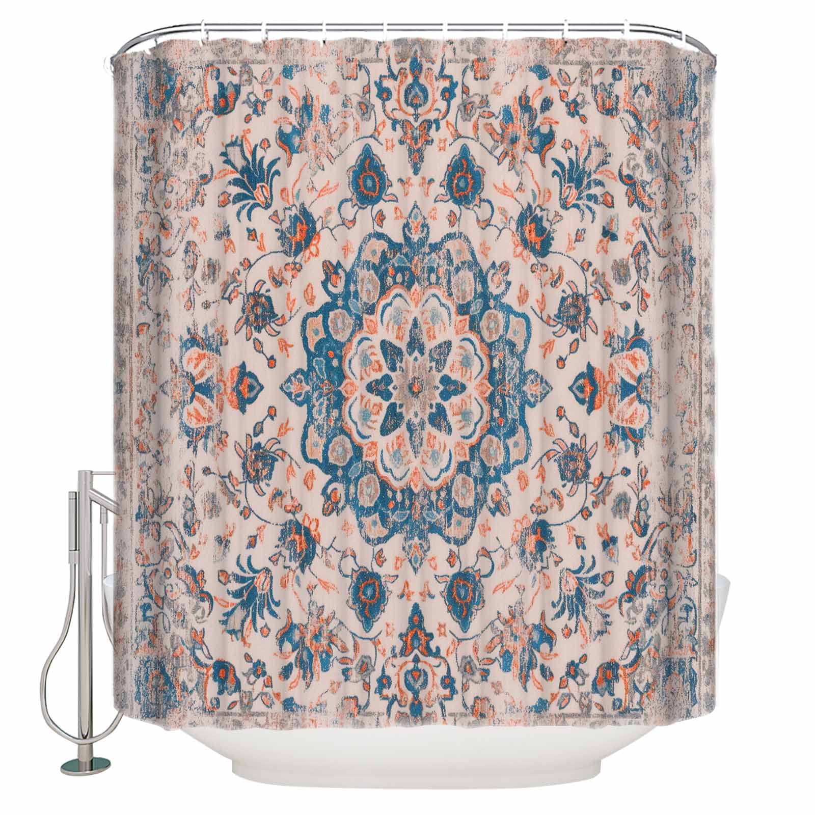 Extra Long Shower Curtain 72x96 Inch, Blue Boho Orange Vintage Shower ...