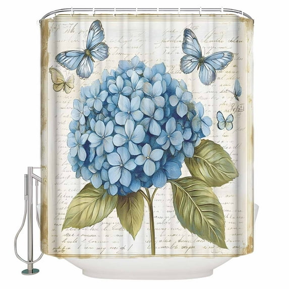 Extra Long Shower Curtain 72x96 Inch, Blue Hydrangea Shower Curtain Waterproof Bathroom Decor Spring Vintage Botanical Butterfly Fabric Bath Curtain Set Accessories with Hooks