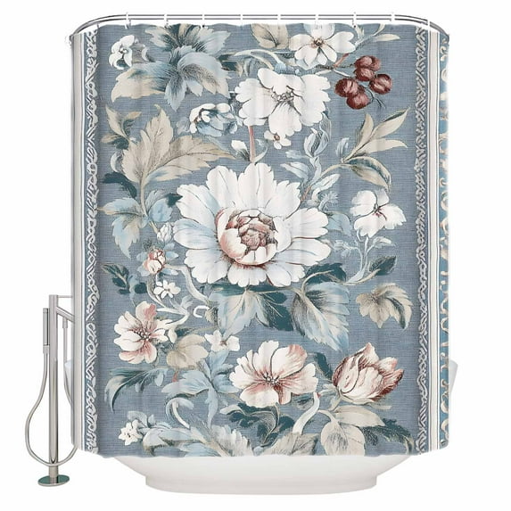 Extra Long Shower Curtain 72x96 Inch, Blue Pink Flowers Shower Curtain Waterproof Bathroom Decor Vintage Botanical Elegant Floral Fabric Bath Curtain Set Accessories with Hooks
