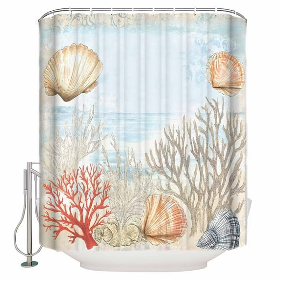Extra Long Shower Curtain 72x96 Inch, Blue Red Coastal Shower Curtain Waterproof Bathroom Decor Nautical Beach Summer Coral Shell Fabric Bath Curtain Set Accessories with Hooks