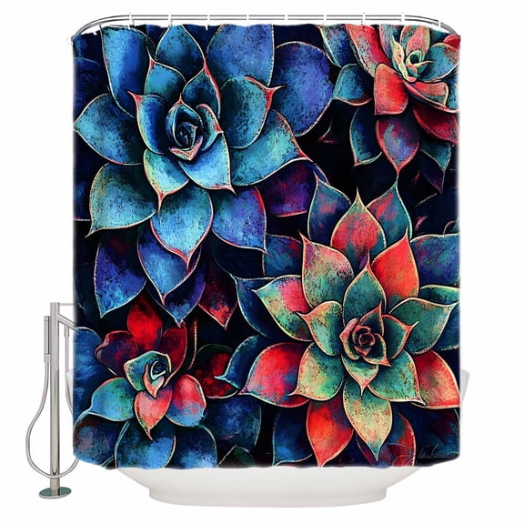 Extra Long Shower Curtain 72x96 Inch, Blue Red Succulent Shower Curtain Waterproof Bathroom Decor Abstract Retro Botanical Fabric Bath Curtain Set Accessories with Hooks