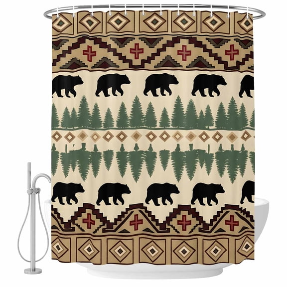 Extra Long Shower Curtain 72x96 Inch, Brown Bear Cabin Shower Curtain Waterproof Bathroom Decor, Vintage Boho Trees Farmhouse Rustic Fabric Bath Curtain Set Accessories with Hooks