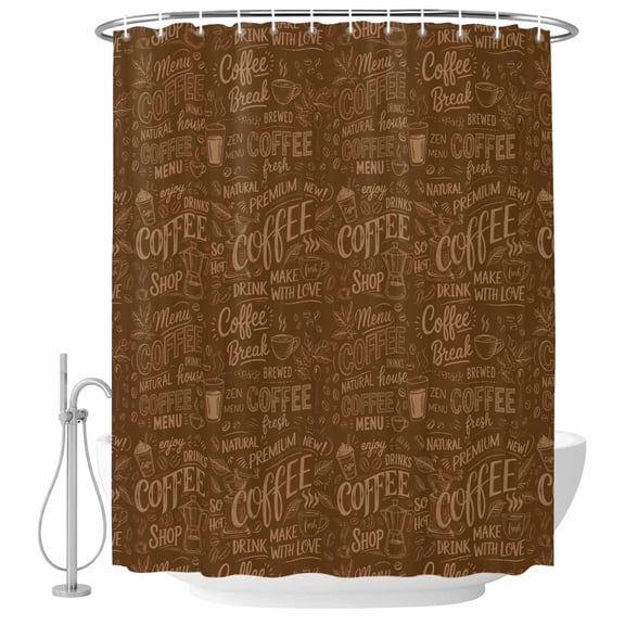 Extra Long Shower Curtain 72x96 Inch, Brown Coffee Shower Curtain Waterproof Bathroom Decor, Farmhouses Vintage Cup Plants Text Art Fabric Bath Curtain Set Accessories with Hooks
