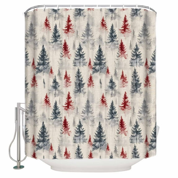 Extra Long Shower Curtain 72x96 Inch, Christmas Tree Shower Curtain Waterproof Bathroom Decor Xmas Tree Watercolor Blue Red Rustic Fabric Bath Curtain Set Accessories with Hooks