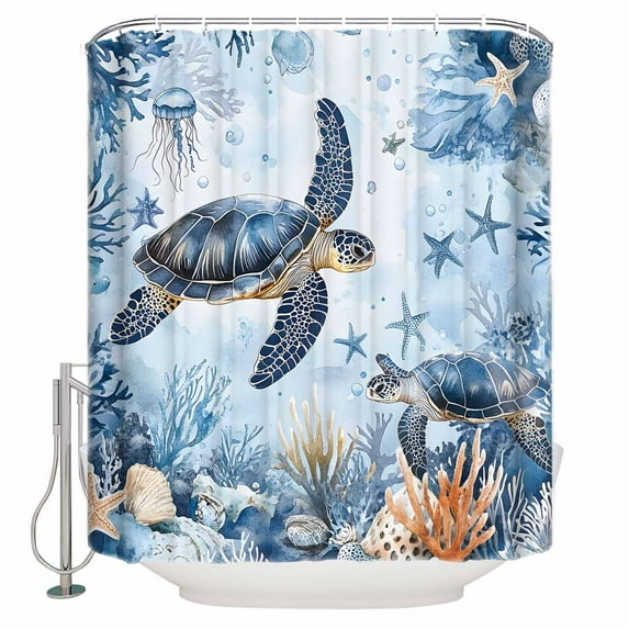 Extra Long Shower Curtain 72x96 Inch, Coastal Beach Shower Curtain Waterproof Bathroom Decor Sea Turtle Nautical Coral Starfish Fabric Bath Curtain Set Accessories with Hooks