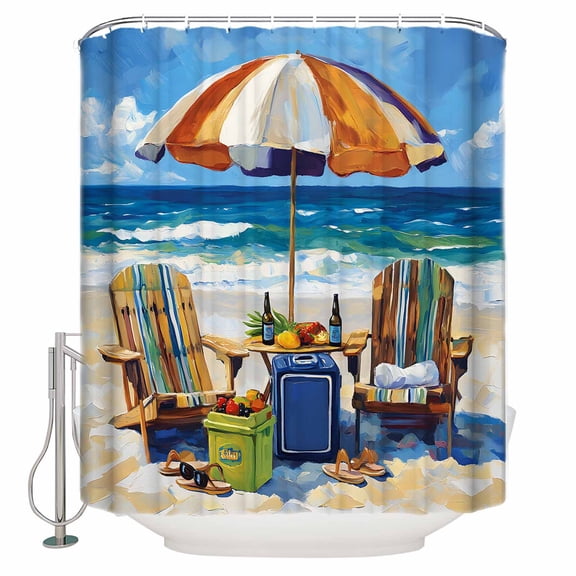 Extra Long Shower Curtain 72x96 Inch, Coastal Beach Shower Curtain Waterproof Bathroom Decor Summer Ocean Sea Wave Oil Painting Fabric Bath Curtain Set Accessories with Hooks
