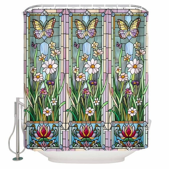Extra Long Shower Curtain 72x96 Inch, Colorful Botanical Shower Curtain Waterproof Bathroom Decor Spring Floral Vintage Butterfly Fabric Bath Curtain Set Accessories with Hooks