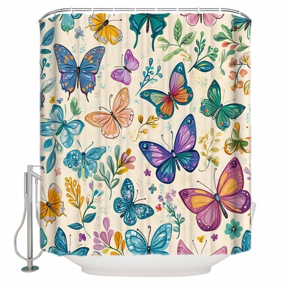 Extra Long Shower Curtain 72x96 Inch, Colorful Butterfly Shower Curtain Waterproof Bathroom Decor Retro Farmhouse Country Plants Fabric Bath Curtain Set Accessories with Hooks