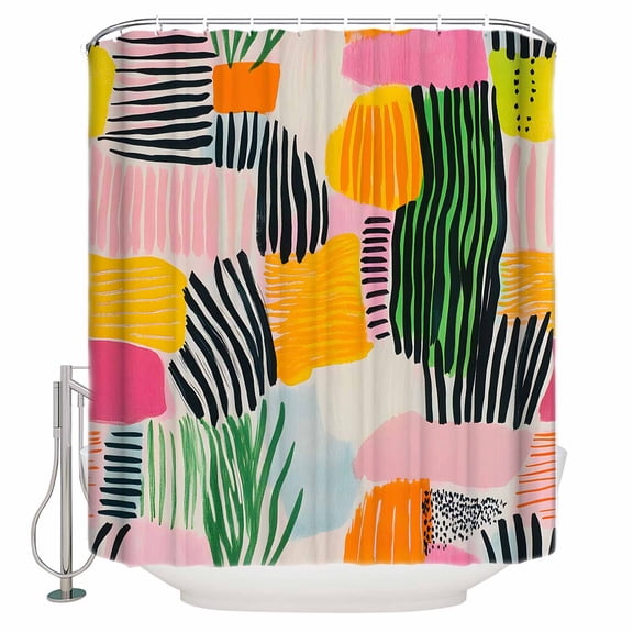 Extra Long Shower Curtain 72x96 Inch, Contemporary Geometric Shower Curtain Waterproof Bathroom Decor Color Block Striped Abstract Fabric Bath Curtain Set Accessories with Hooks