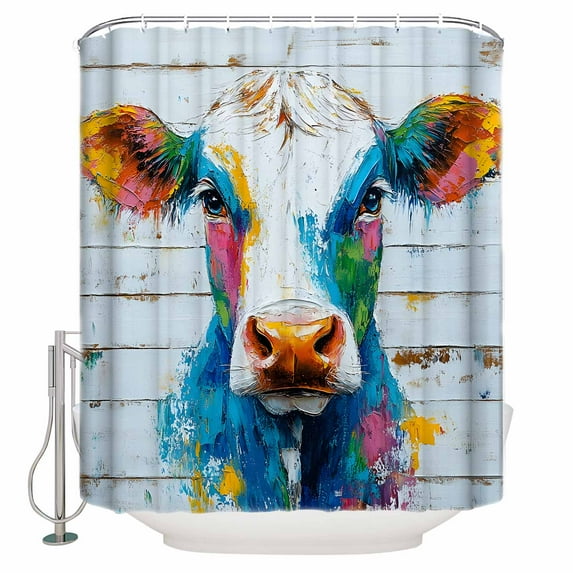 Extra Long Shower Curtain 72x96 Inch, Country Cow Shower Curtain Waterproof Bathroom Decor Colorful Abstract Animals Wooden Grain Fabric Bath Curtain Set Accessories with Hooks