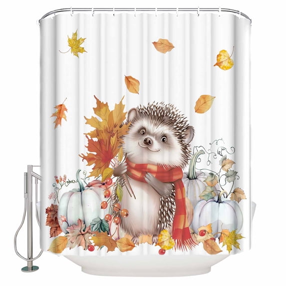 Extra Long Shower Curtain 72x96 Inch, Fall Hedgehog Shower Curtain Waterproof Bathroom Decor Maple Leaf Pumpkins Thanksgiving Fabric Bath Curtain Set Accessories with Hooks