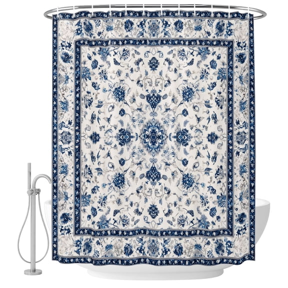 Extra Long Shower Curtain 72x96 Inch, Farmhouse Boho Shower Curtain Waterproof Bathroom Decor, Blue Country Vintage Chic Abstract Floral Fabric Bath Curtain Set Accessories with Hooks
