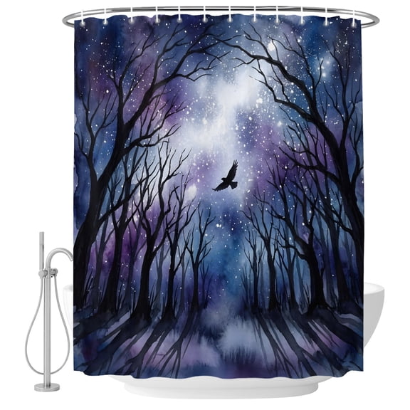 Extra Long Shower Curtain 72x96 Inch, Forest Shower Curtain Waterproof Bathroom Decor, Blue Purple Dark Trees Flying Bird Fabric Bath Curtain Set Accessories with Hooks