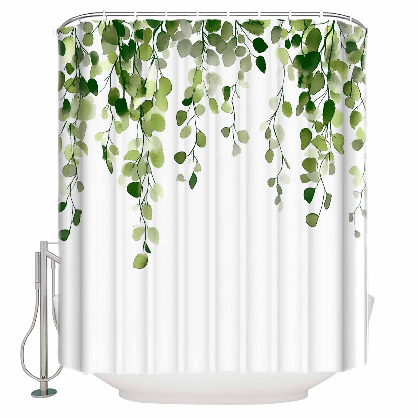 Extra Long Shower Curtain 72x96 Inch, Green Eucalyptus Leaves Shower Curtain Waterproof Bathroom Decor Summer Watercolor Leaf Fabric Bath Curtain Set Accessories with Hooks